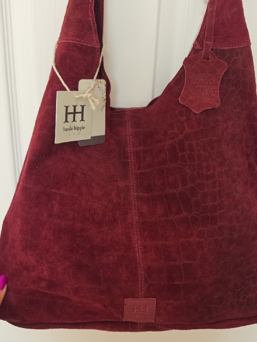 Handmade Suede Croc-Embossed Hobo Bag - Burgundy - Picture 5 of 7